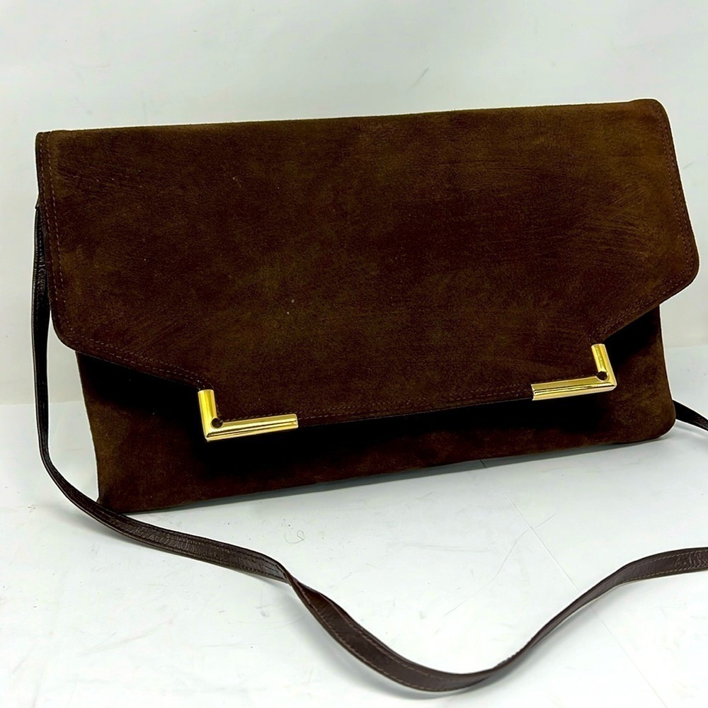 Block Brown Suede Envelope Snap Closure Shoulder Clutch Bag
